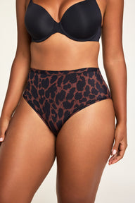 Editorial on-model shot of the Bliss Triangle Bralette in Black styled with the Bliss Highwaist Brief in Leopard.