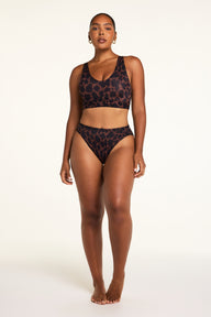 Close-up detail of the Bliss French Cut Brief in Leopard paired with the Bliss Bralette in Leopard.
