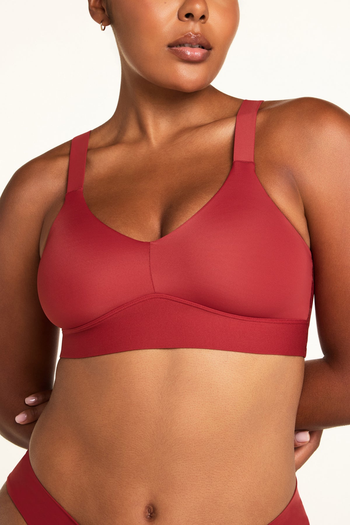 Additional on-model view of the BlissSmooth Bralette in Ruby paired with the Bliss Low Rise Bikini in Ruby.