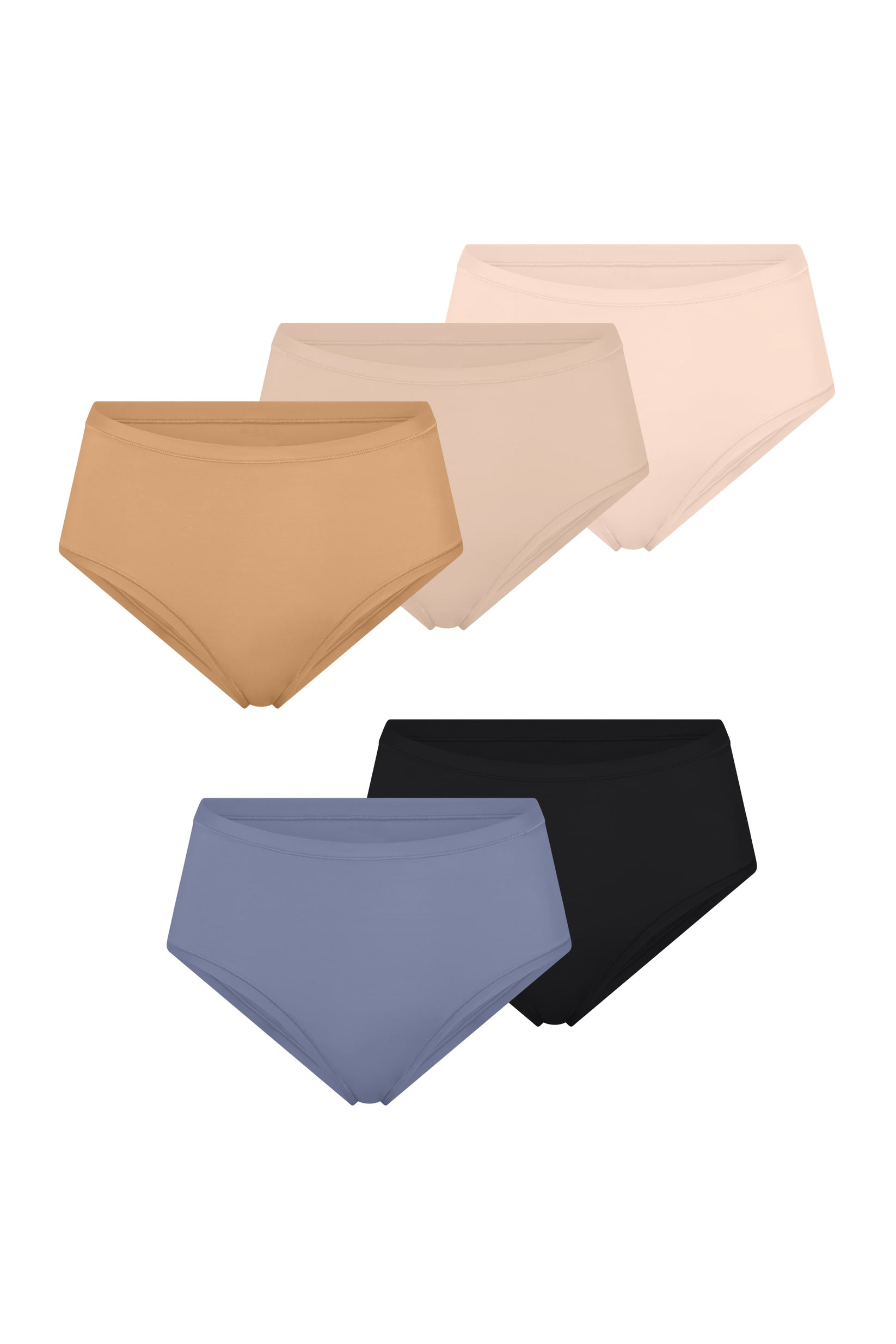 Five Bliss Highwaist Briefs fanned out on a white background in Tan, Beige, Rose, Steel, and Black