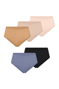 Five Bliss Highwaist Briefs fanned out on a white background in Tan, Beige, Rose, Steel, and Black