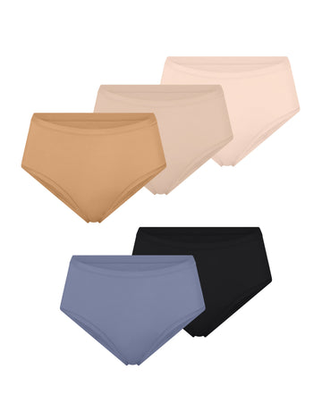 Five Bliss Highwaist Briefs fanned out on a white background in Tan, Beige, Rose, Steel, and Black