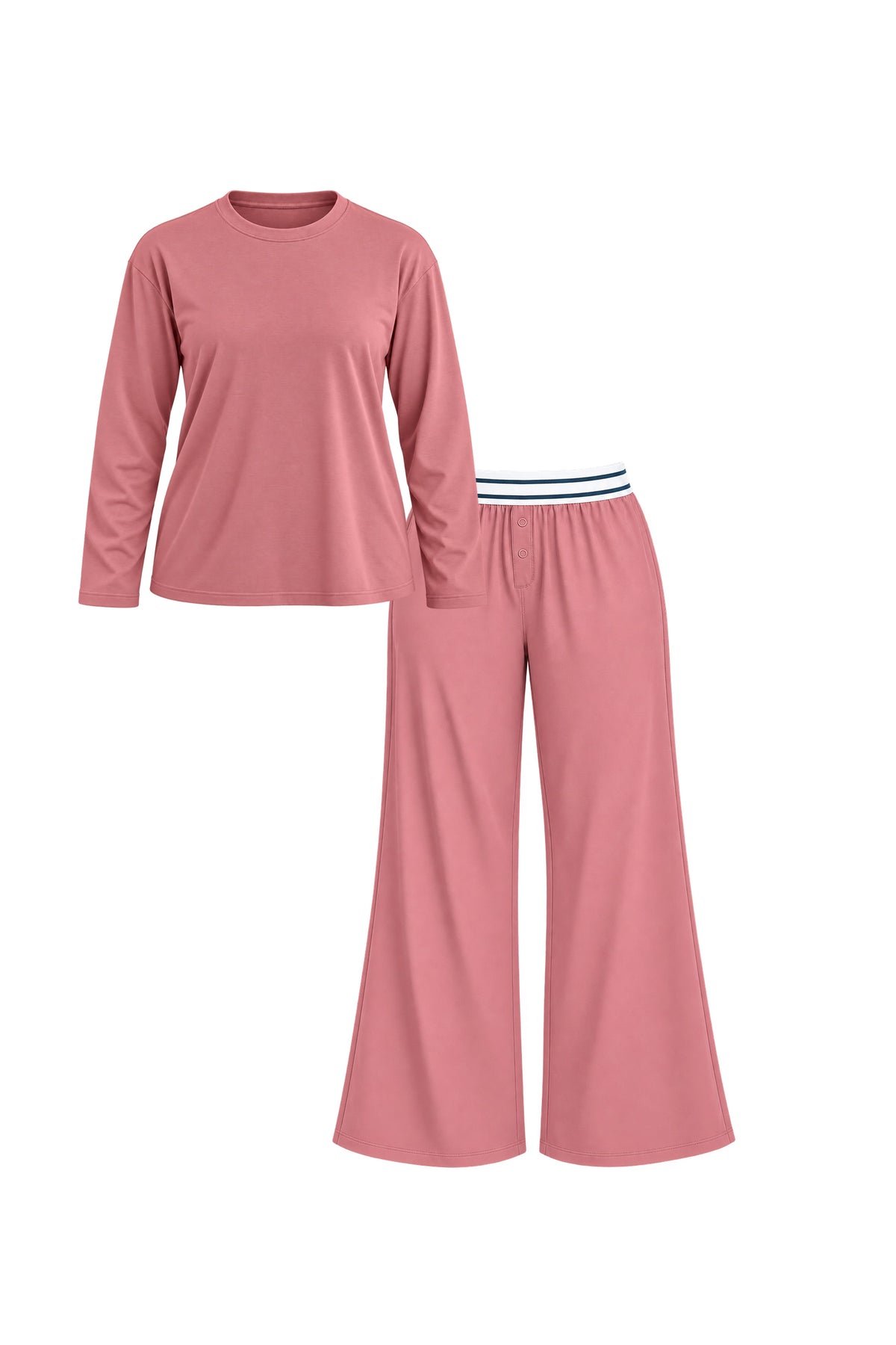A two-piece women's loungewear set in Winter Rose, featuring a long-sleeve crewneck Cloud Cotton T-Shirt and matching Cloud Cotton pants with a white and navy striped waistband.
