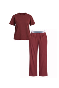 A two-piece women's loungewear set in Cabernet, featuring a crewneck Cloud Cotton T-Shirt and matching Cloud Cotton Pants with a white and navy striped waistband.