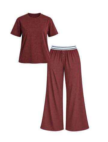 A two-piece women's loungewear set in Cabernet, featuring a crewneck Cloud Cotton T-Shirt and matching Cloud Cotton Pants with a white and navy striped waistband.