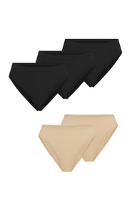 Five Cloud Cotton and Bliss French Cut Briefs fanned out on a white background in Black and Beige