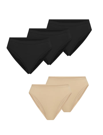 Five Cloud Cotton and Bliss French Cut Briefs fanned out on a white background in Black and Beige