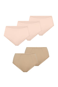 Five Bliss and Invisible No Show Highwaist Briefs fanned out on a white background in Rose and Beige
