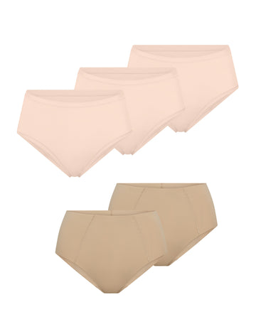 Five Bliss and Invisible No Show Highwaist Briefs fanned out on a white background in Rose and Beige