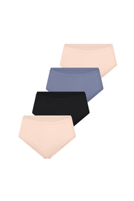 Four pairs of Bliss Highwaist Briefs in a diagonal arrangement on a white background, shown in Rose, Black and Steel.