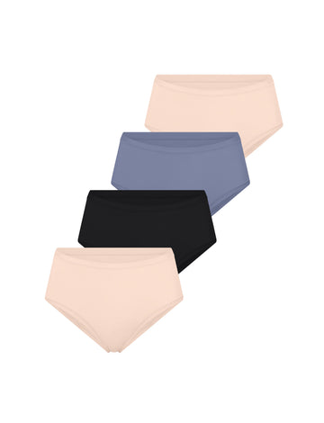 Four pairs of Bliss Highwaist Briefs in a diagonal arrangement on a white background, shown in Rose, Black and Steel.