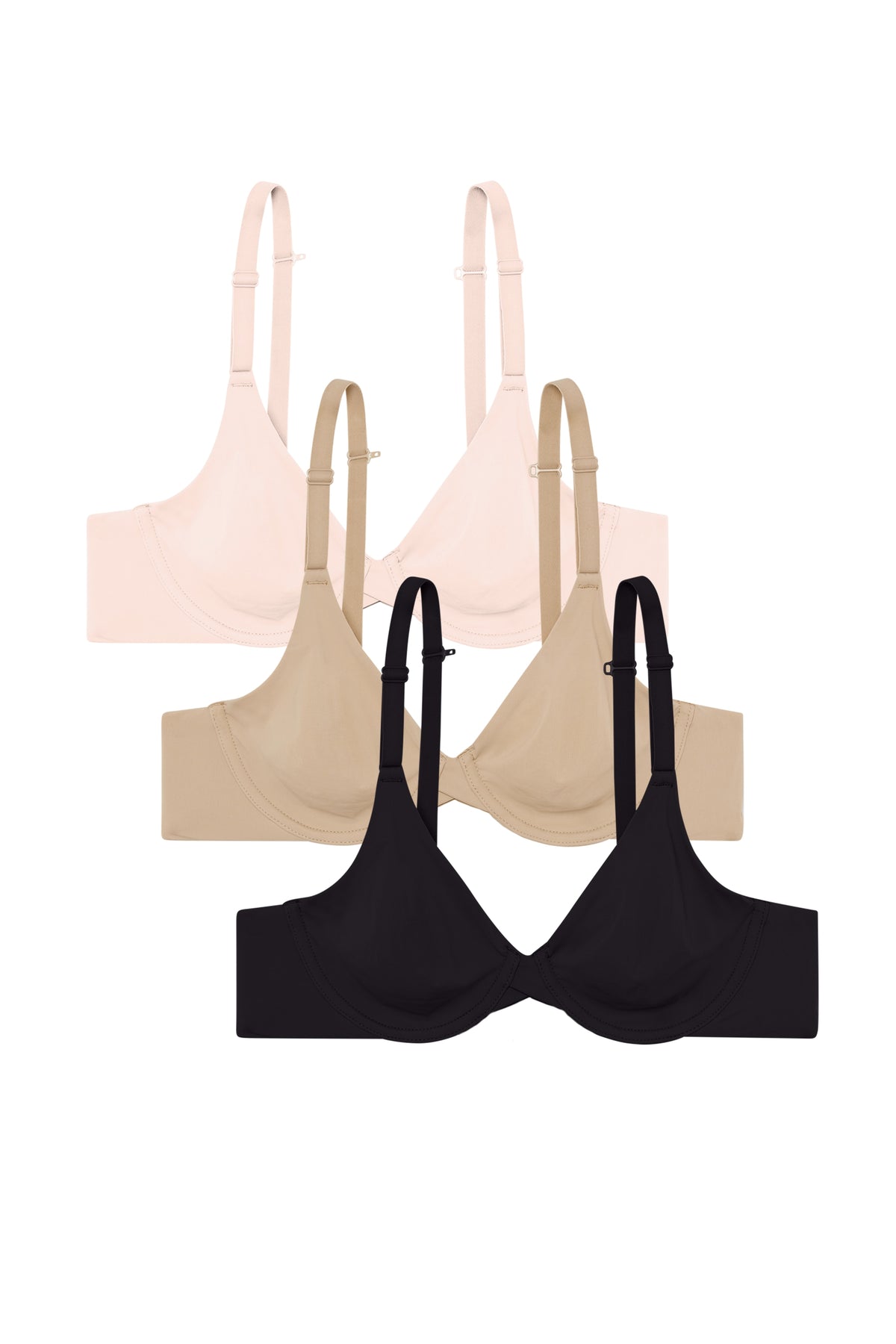 Product shot of Harper Wilde Base Unlined Bundle — Base Unlined Bra in Rose, Beige, and Black, smooth unlined cups and adjustable straps shown across three everyday underwire bras