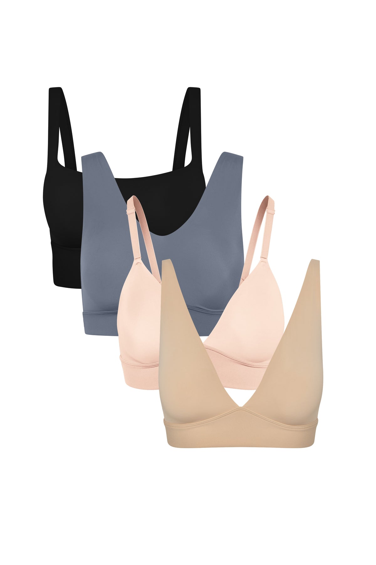 Four wireless bralettes shown in a staggered lineup on a white background, featuring Bliss Square Neck in Black, Bliss in Steel, Bliss Triangle in Rose and Bliss Plunge Adjustable in Beige