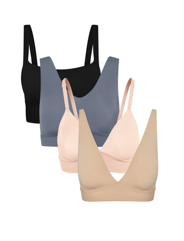 Four wireless bralettes shown in a staggered lineup on a white background, featuring Bliss Square Neck in Black, Bliss in Steel, Bliss Triangle in Rose and Bliss Plunge Adjustable in Beige