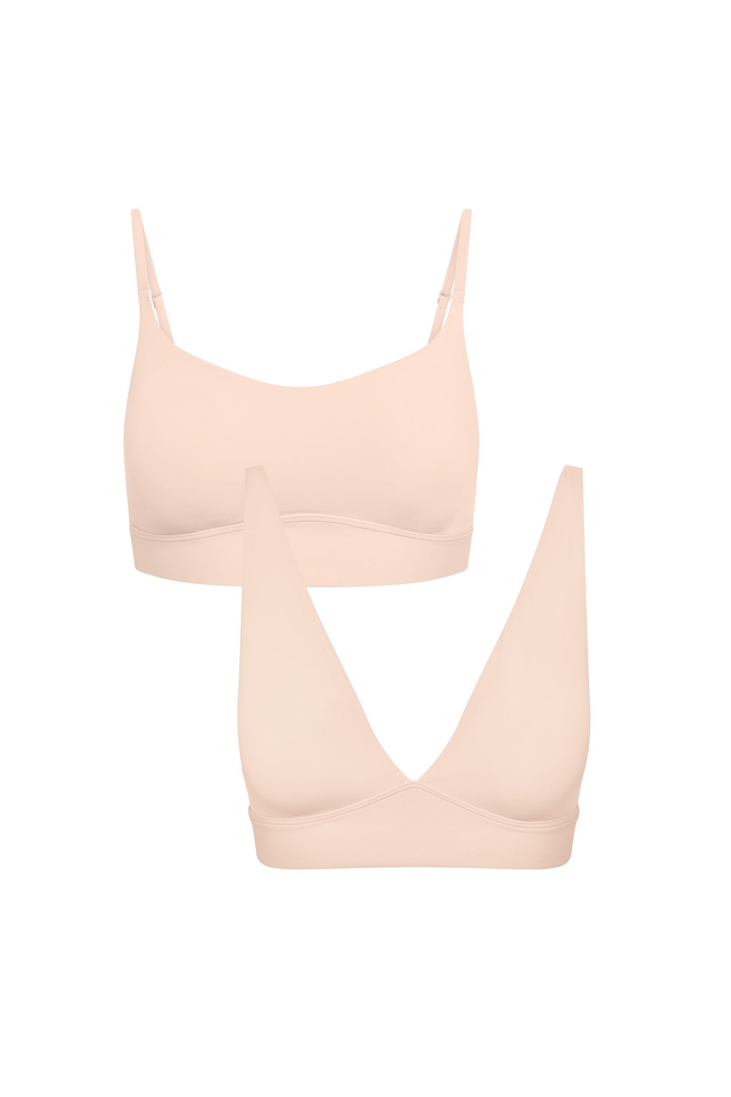 The Bliss Scoop Adjustable Bralette and Bliss Plunge Adjustable Bralette shown on a plain white background, with one overlapping the other.