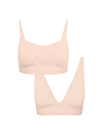 The Bliss Scoop Adjustable Bralette and Bliss Plunge Adjustable Bralette shown on a plain white background, with one overlapping the other.