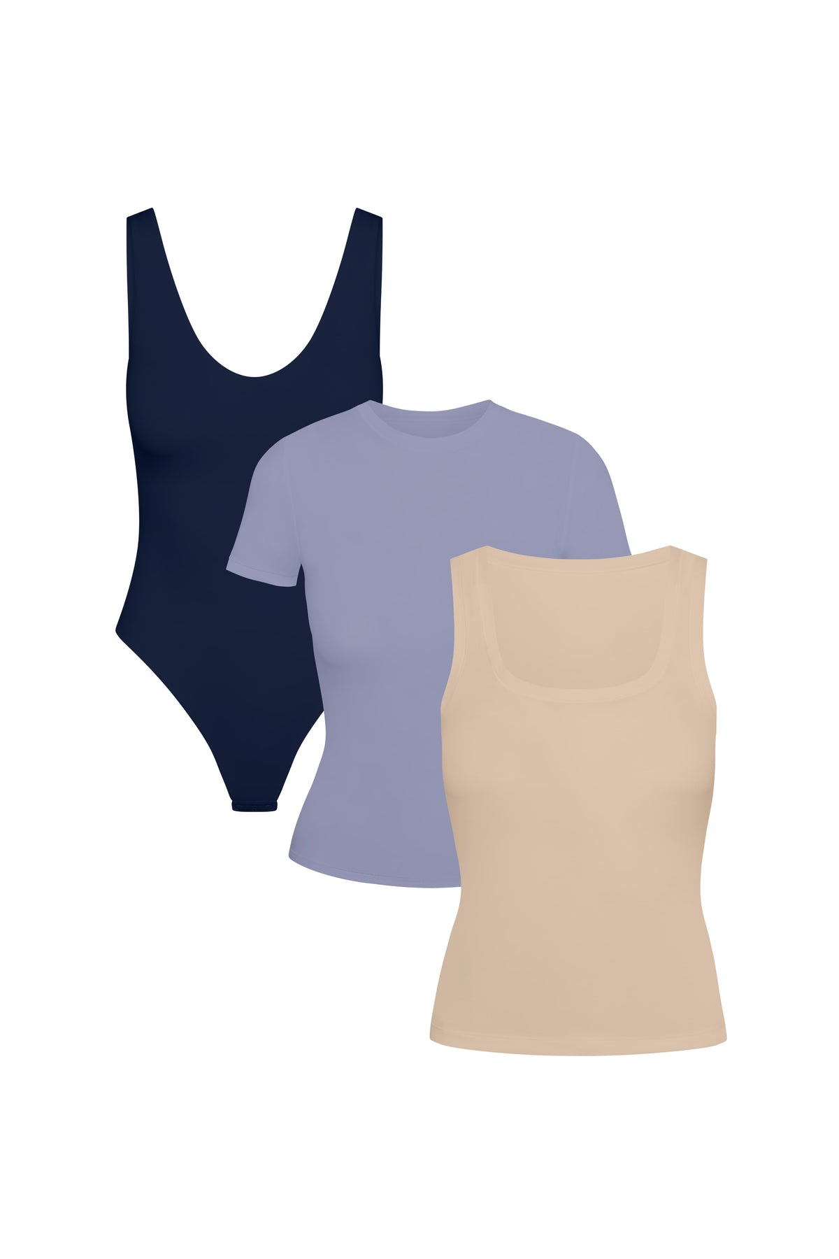 Product shot of Harper Wilde The Bliss Layers Trio — Navy Bliss Plunge Bodysuit, Periwinkle Bliss Tee, and Beige Bliss Tank, three everyday Bliss essentials to mix, match, and layer for fall