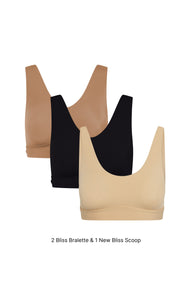 Product shot of Harper Wilde The Everyday Bliss Trio — Bliss Bralette in Tan, Bliss Bralette in Black, and New Bliss Scoop Bralette in Beige. Text reads: 2 Bliss Bralette and 1 New Bliss Scoop