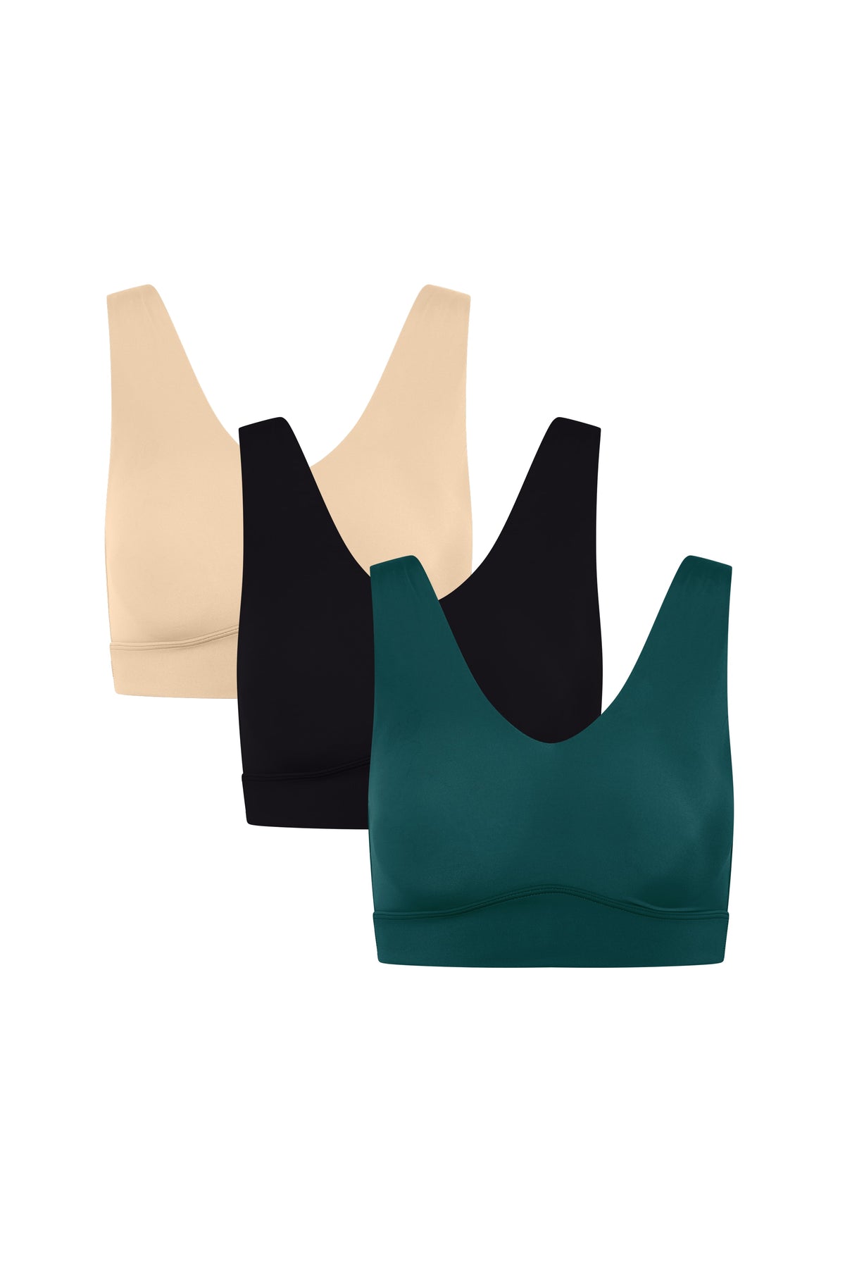 Three wireless Bliss Bralettes in beige, black, and pine, arranged in a staggered overlapping layout on a solid white background.