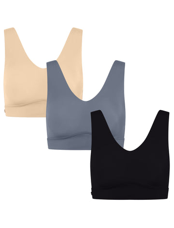 Three flat lay Bliss Bralettes in Beige, Steel and Black against a white background.