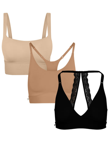 Flat lay image of the Bliss Square Neck in Beige, Bliss Racerback in Tan and Bliss Halterneck in Black against a white backdrop.