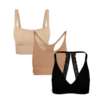 Flat lay image of the Bliss Square Neck in Beige, Bliss Racerback in Tan and Bliss Halterneck in Black against a white backdrop.