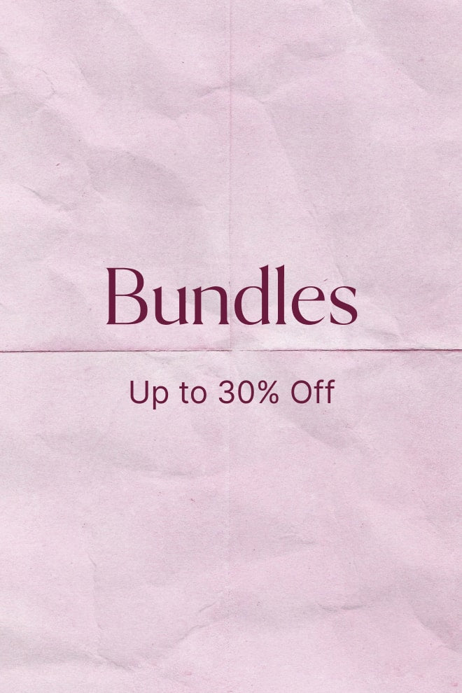Blush pink crumpled paper background with text: "Bundles — Up to 30% Off"