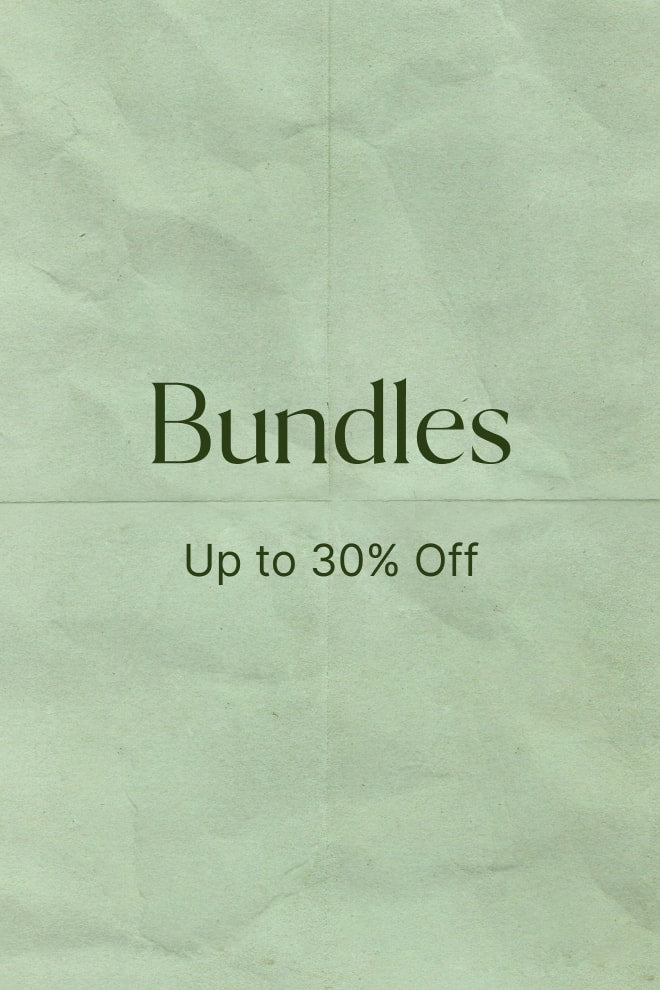 Sage green crumpled paper background with text: "Bundles — Up to 30% Off"