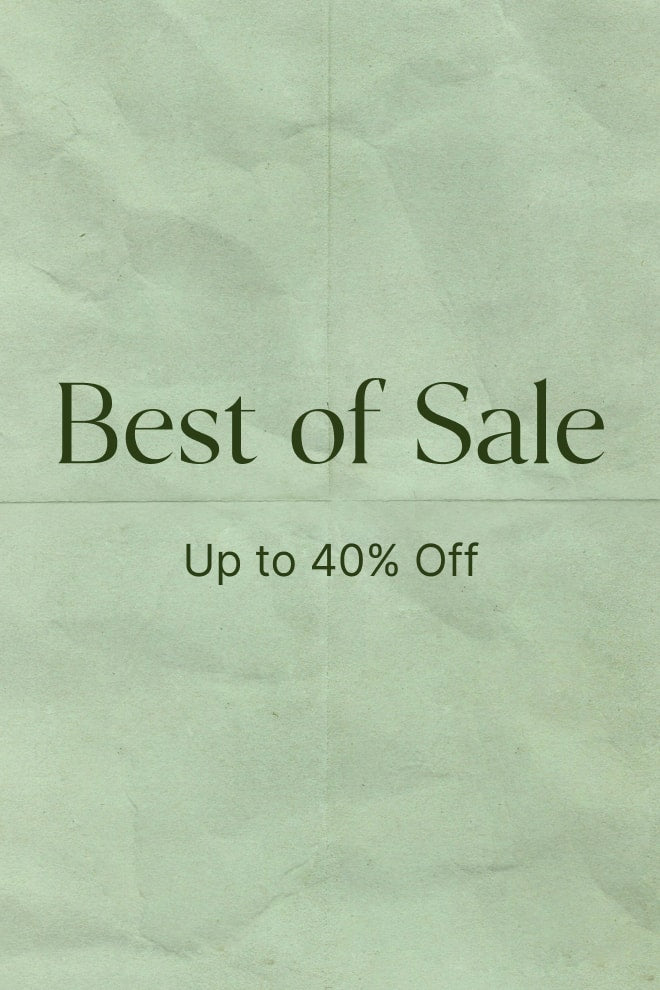 Sage green crumpled paper background with text: "Best of Sale — Up to 40% Off"