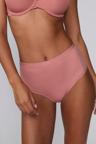 In a studio setting, Courtney wears the Bliss Highwaist Brief in Cinnamon. A close-up front view highlights the smooth fabric, high-rise waistband, and clean finish.