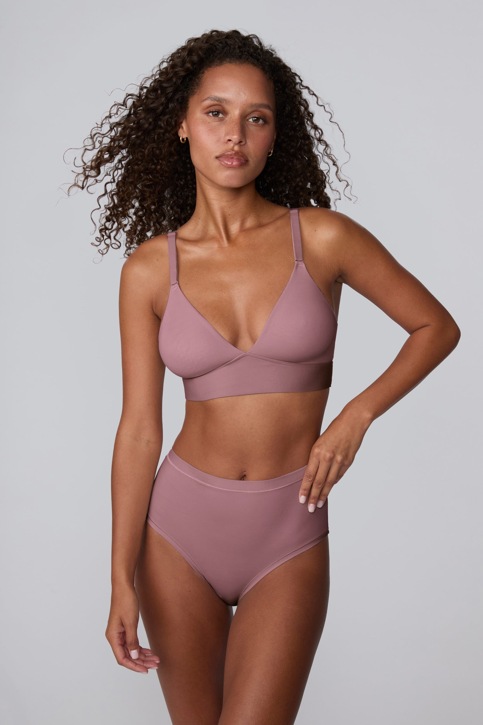 Front angle view of the Bliss Triangle Bralette in Mirage, highlighting the adjustable strap hardware and smooth cup edges