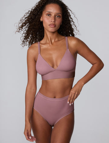 Front angle view of the Bliss Triangle Bralette in Mirage, highlighting the adjustable strap hardware and smooth cup edges