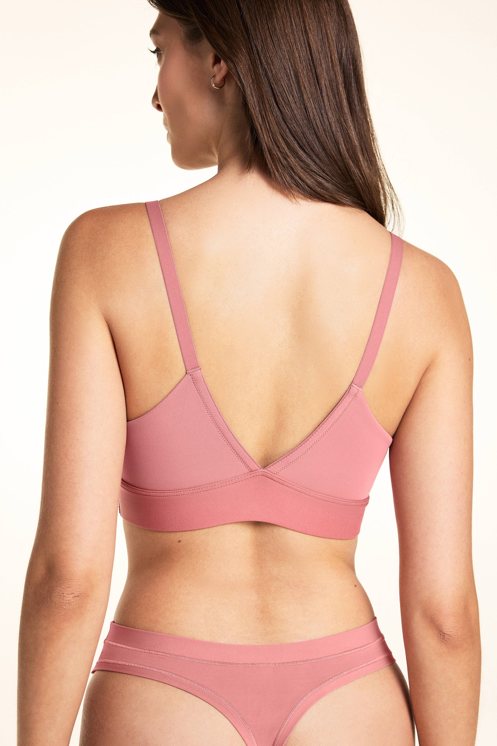 Back view of Bliss Triangle Bralette in Cinnamon showing adjustable V-strap back, paired with matching thong
