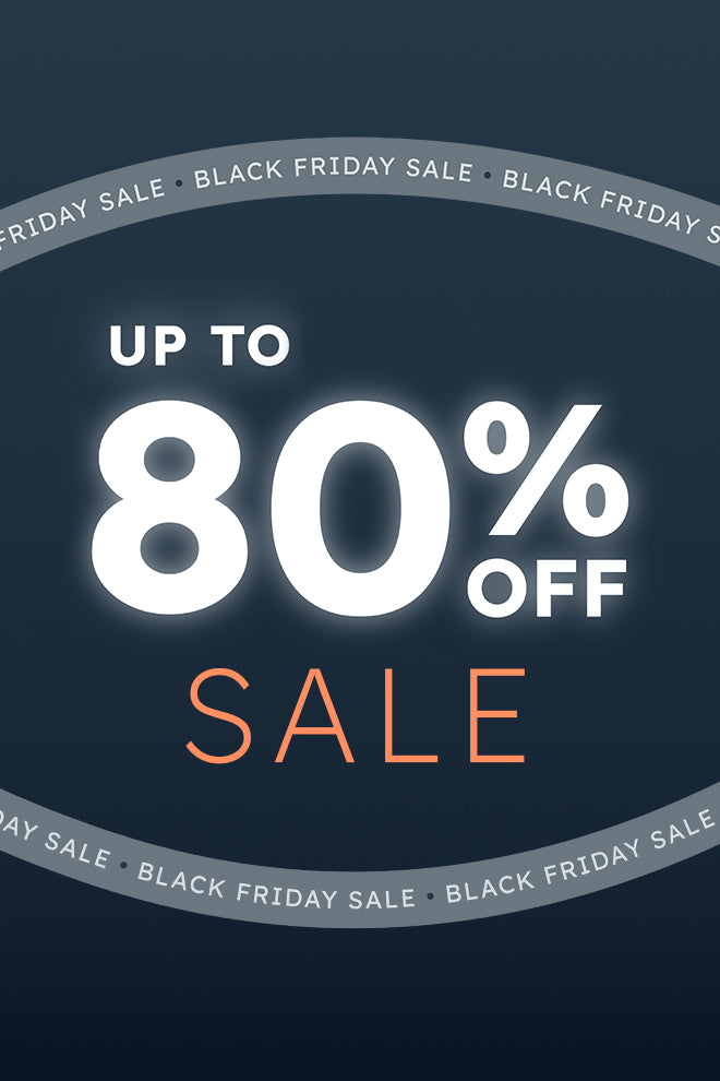 Promotional graphic with a navy background featuring bold white text reading 'Up to 80% Off' and orange text below stating 'Sale.' A curved banner encircles the graphic, repeating the phrase 'Black Friday Sale.'