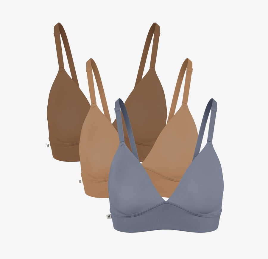 Harper Wilde Bliss Triangle Bralette bundle in Steel, Tan, and Brown — wire-free triangle bralette with adjustable straps and soft microfiber fabric
