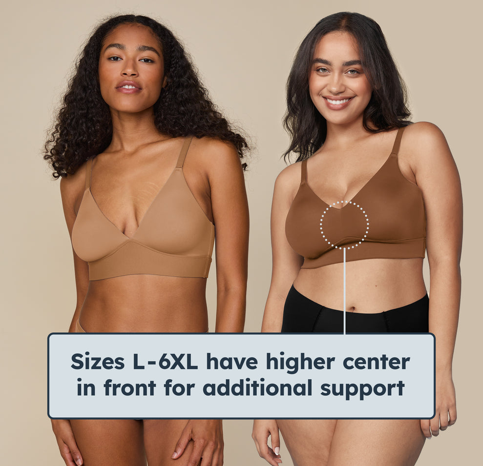 Two models standing side by side wearing the Bliss Triangle Bralette. The model on the left wears size Small and the model on the right wears size Large showing the higher rise center in front for additional support. Sizes L-6XL feature a higher center.