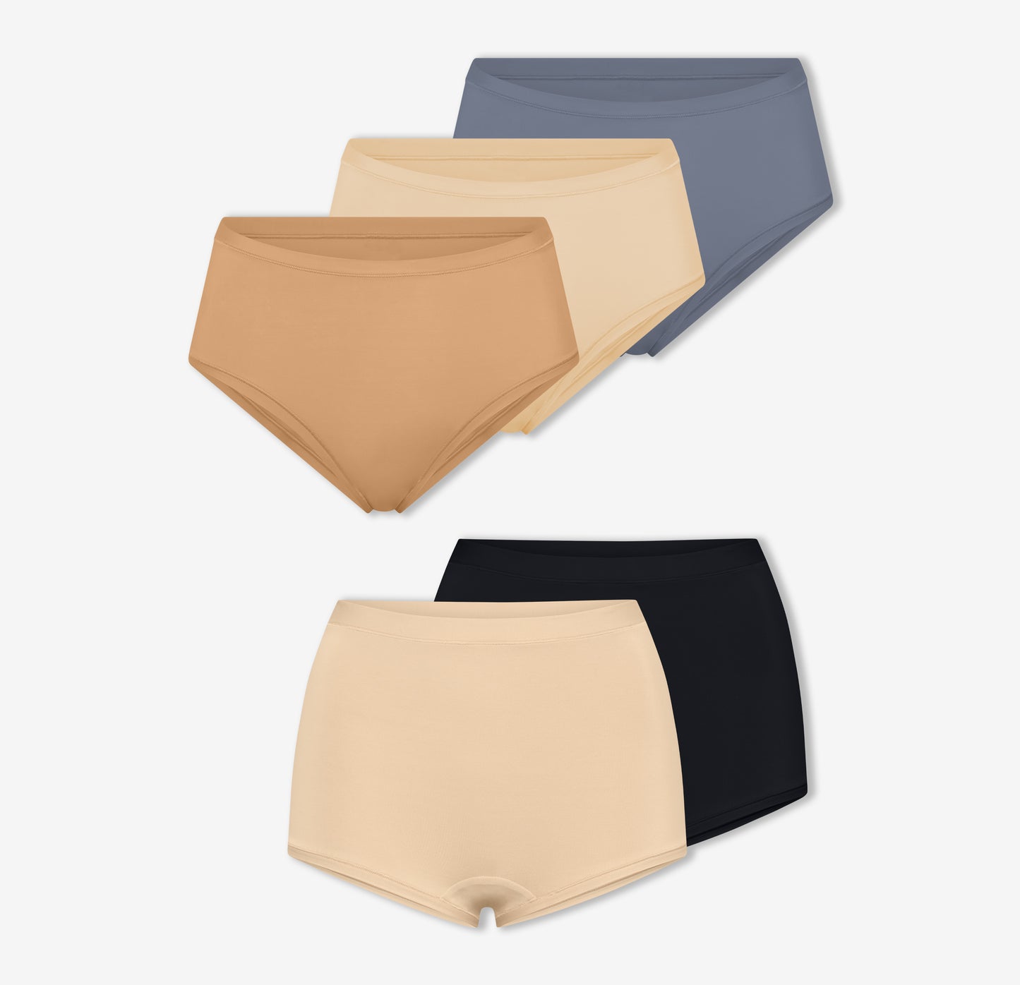 A trio of Harper Wilde's Bliss Highwaist Briefs in Steel, Beige, and Tan along with a duo of Bliss Boyshorts in Beige and Black against a white background.