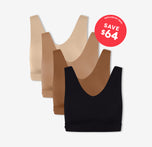 Four Bliss Bralettes in Beige, Tan, Brown, and Black against a white background. The upper right corner contains a Poppy colored badge that says "EXCLUSIVE DEAL. SAVE $64" in white text. 