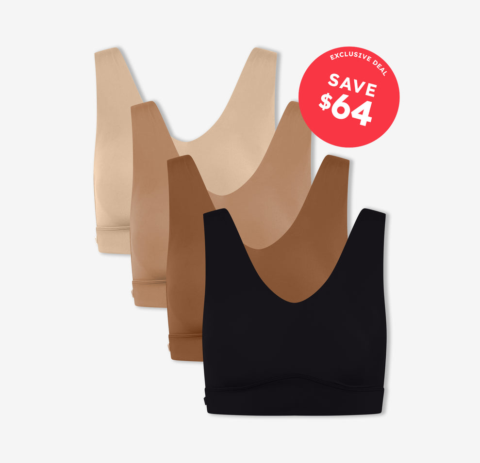 Four Bliss Bralettes in Beige, Tan, Brown, and Black against a white background. The upper right corner contains a Poppy colored badge that says "EXCLUSIVE DEAL. SAVE $64" in white text. 