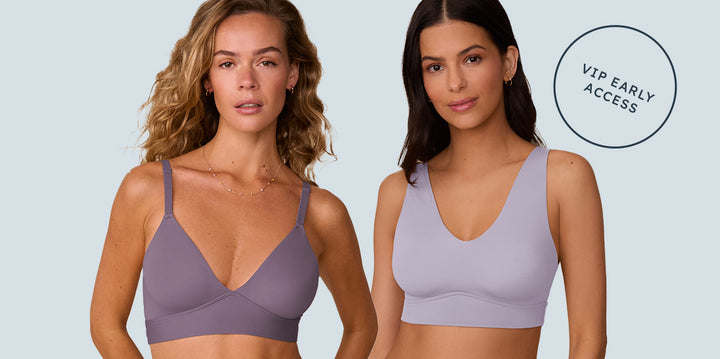 Two models wearing the Bliss Triangle Bralette in Eclipse and the Bliss Bralette in Violet against a pale blue background. A navy outlined text circle reads "VIP EARLY ACCESS" to the right of the models.