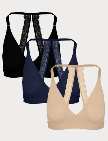 Three Bliss Lace Halterneck Bralettes in Black, Navy, and Beige displayed on a light grey background, highlighting the signature lace back detail.
