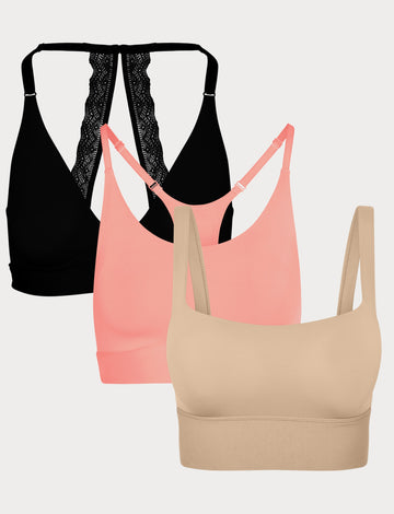 Three Bliss bralettes displayed together: the Lace Halterneck in Black, the Racerback in Cabana, and the Squareneck in Beige, showing front and back details.