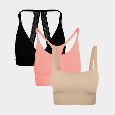 Three Bliss bralettes displayed together: the Lace Halterneck in Black, the Racerback in Cabana, and the Squareneck in Beige, showing front and back details.