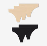 A trio of Harper Wilde's Bliss Thongs in Beige and a duo of Cloud Cotton Highwaist Thongs in Black against a white background.