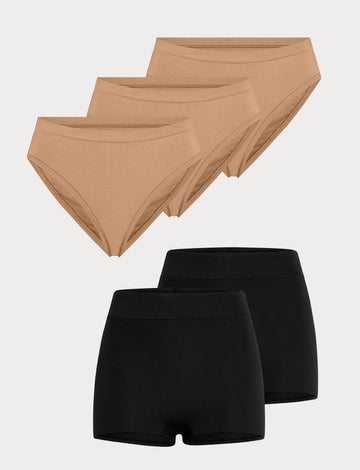 Flat lay image of 3 pairs of the Cloud Cotton French Cut Briefs in Dune next to 2 pairs of the Cloud Cotton Highwaist Boyshort in Black.