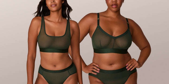 Two models wear the ComfortMesh collection in Sequoia. On the left, a model is shown in the Scoop Bralette and Highwaist Brief. On the right, a second model wears the Triangle Bralette and matching brief. The image emphasizes the breathable and soft mesh fabric.