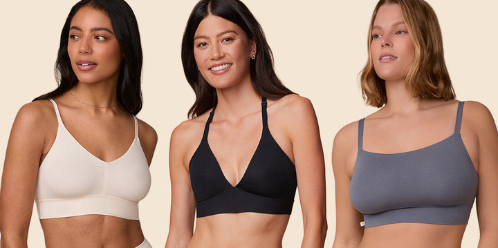From left to right, Nemesis wears the Cloud Cotton Triangle Bralette and Cloud Cotton Boyshort in Quartz.  Anna wears the Bliss Plunge Adjustable Bralette and Bliss Lace Highwaist Brief in Black. Model Sonnie wears the Cloud Cotton Thin Strap Bralette and Cloud Cotton Hiphugger in Slate. All three models stand against a soft beige background, showcasing Harper Wilde’s most comfortable everyday essentials in a variety of cuts and colors.