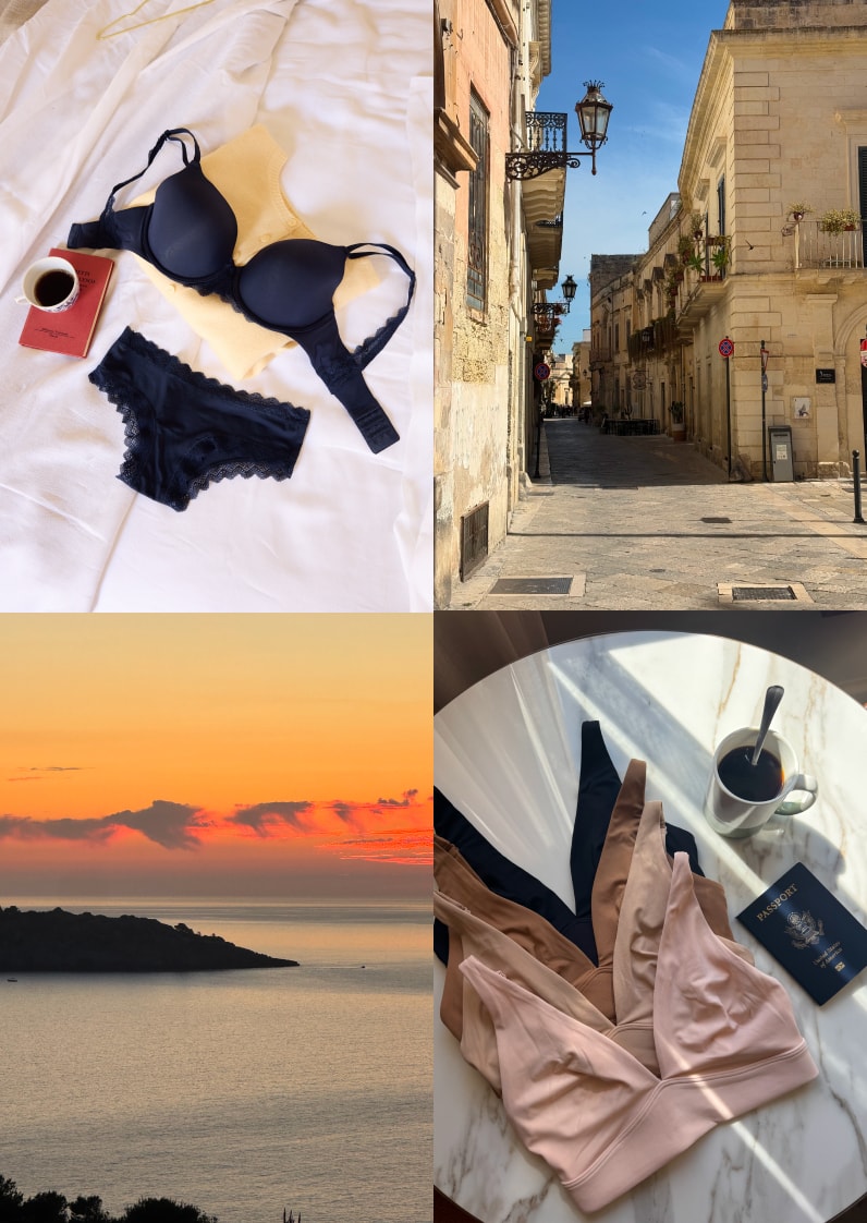 A twelve-panel travel collage featuring Harper Wilde styles styled across European hotel and street settings. Products include the Base Lace T-Shirt Bra and Cheeky in Navy, and Bliss Triangle and Bliss Plunge Adjustable Bralettes in various shades, shown laid flat on hotel bedding, hanging on a wooden hanger, draped over a chair, and arranged on a clothes rack outdoors.
