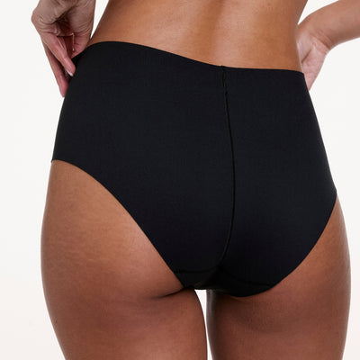 Close-up back view of the No-Show High Waist Brief in Black, featuring full coverage, a high-rise fit, and a smooth, seamless finish.