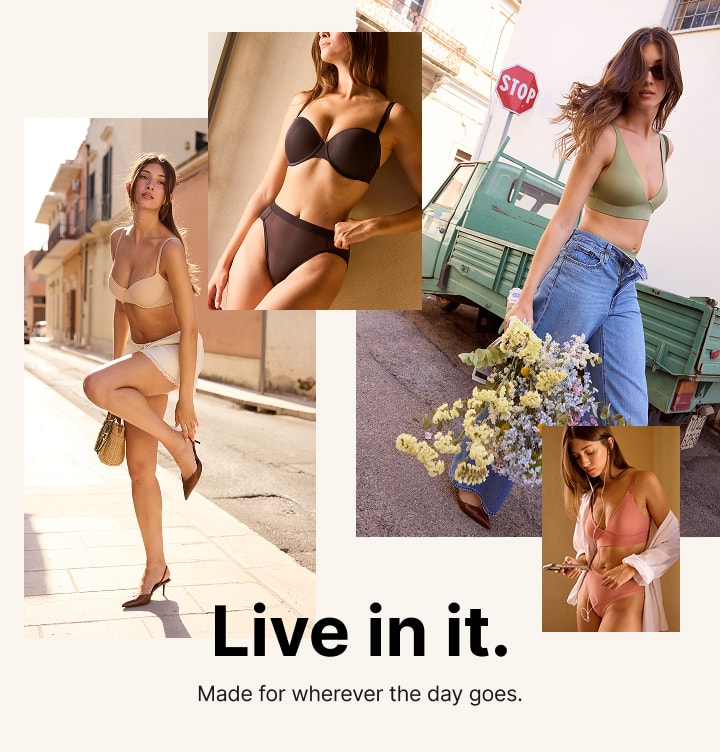Live In It lookbook campaign collage featuring four lifestyle scenes with the Base Balconette Bra in Beige, Base Strapless Bra in Black, BlissSmooth Bralette in Rose, and Bliss Plunge Bralette in Dill